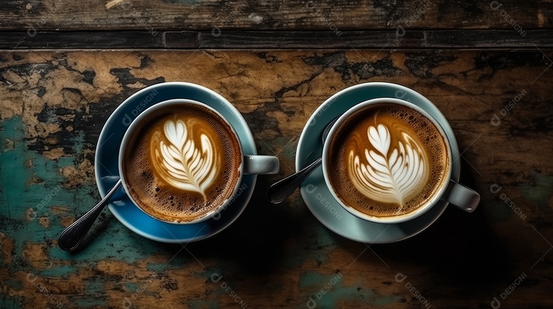 Xícaras de cappuccino em uma superfície de madeira.
