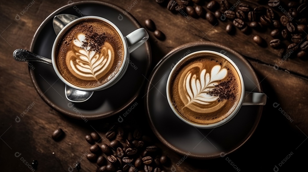 Xícaras de cappuccino em uma superfície de madeira.