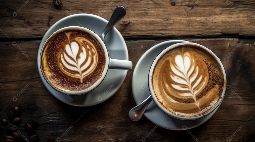 Xícaras de cappuccino em uma superfície de madeira.