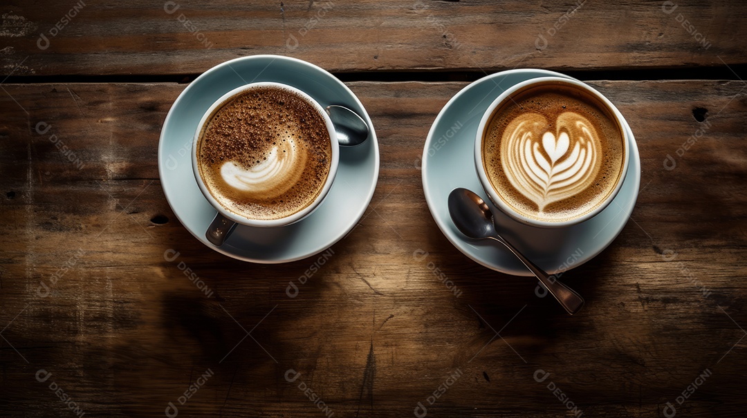 Xícaras de cappuccino em uma superfície de madeira.