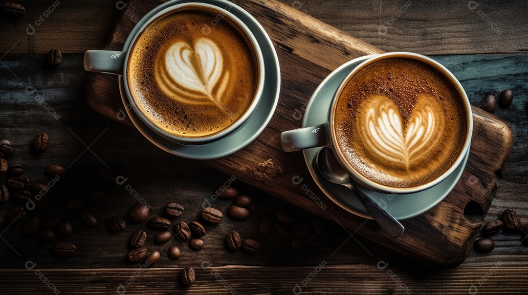 Xícaras de cappuccino em uma superfície de madeira.