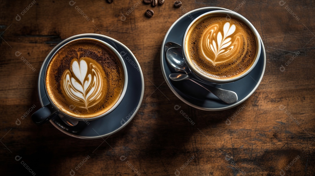 Xícaras de cappuccino em uma superfície de madeira.
