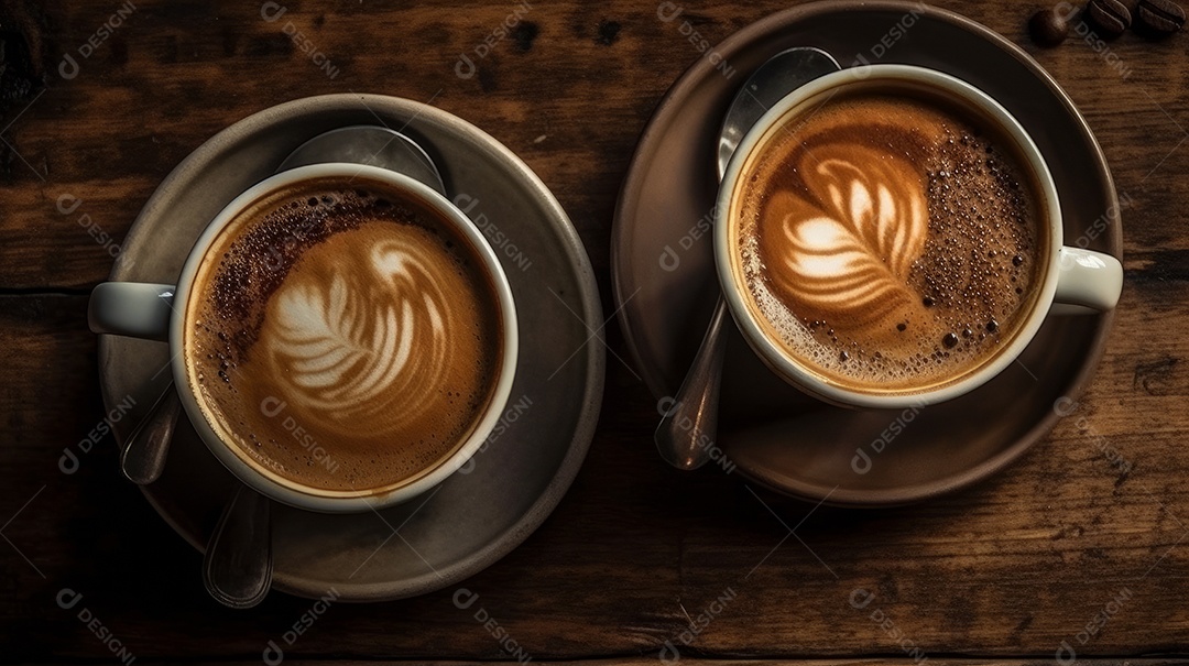 Xícaras de cappuccino em uma superfície de madeira.