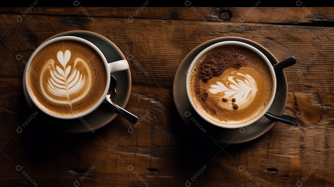 Xícaras de cappuccino em uma superfície de madeira.