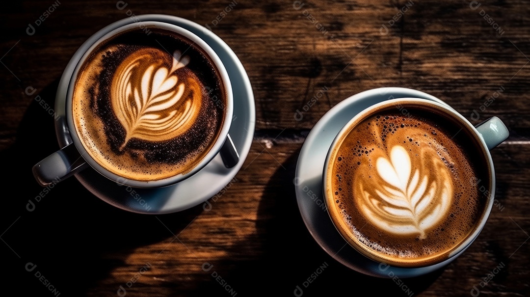 Xícaras de cappuccino em uma superfície de madeira.