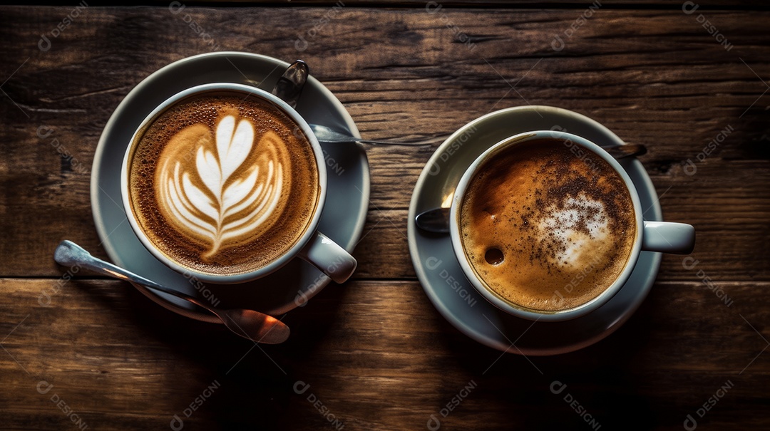 Xícaras de cappuccino em uma superfície de madeira.