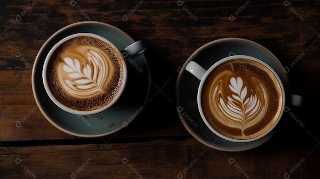 Xícaras de cappuccino em uma superfície de madeira.