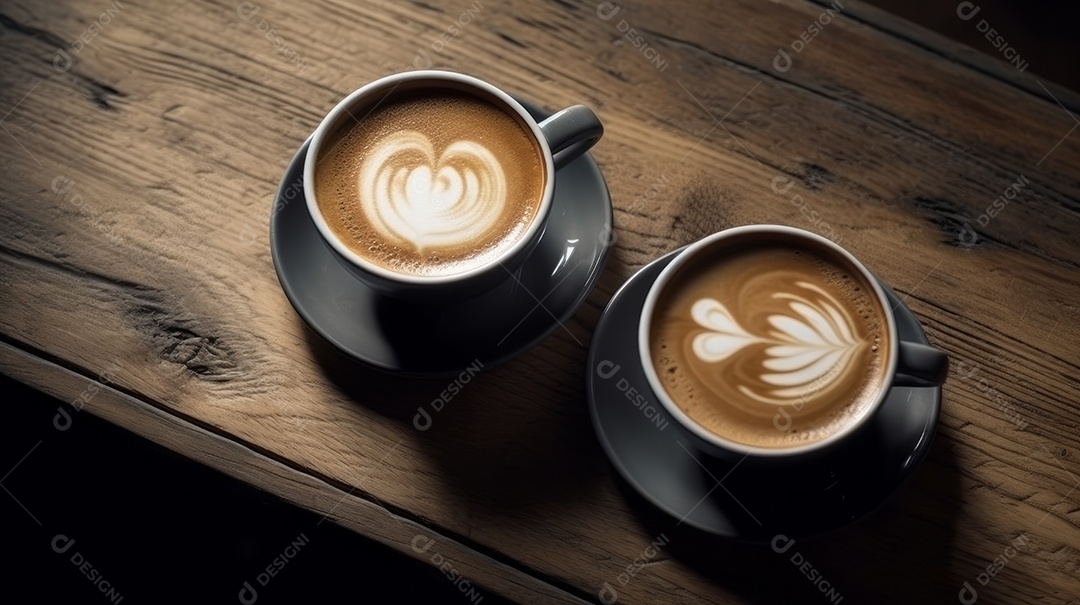 Xícaras de cappuccino em uma superfície de madeira.