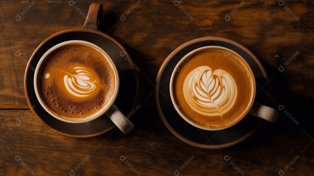 Xícaras de cappuccino em uma superfície de madeira.