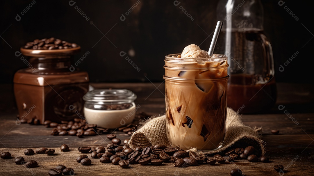 Xícaras de cappuccino em uma superfície de madeira.