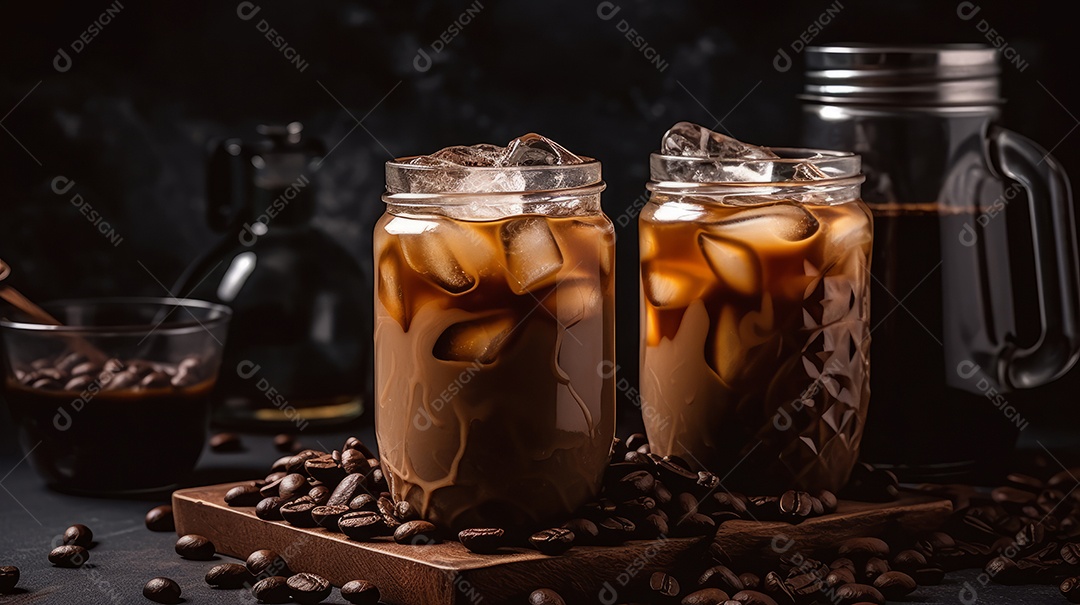 Xícaras de cappuccino em uma superfície de madeira.