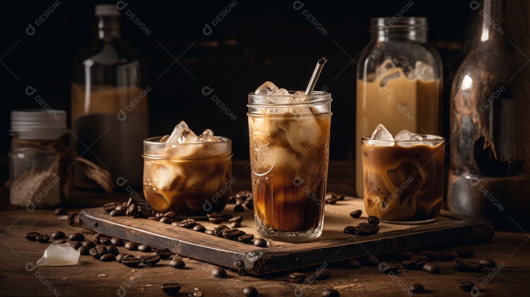 Xícaras de cappuccino em uma superfície de madeira.