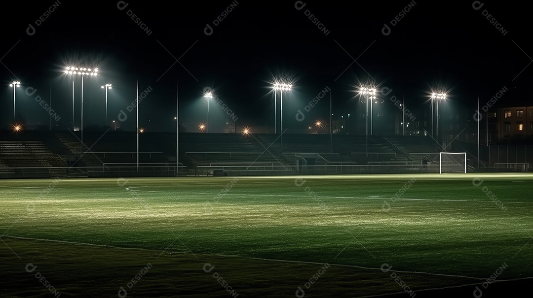 Estádio de grama universal iluminado por holofotes e playground de grama verde.