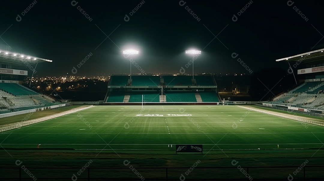 Estádio de grama universal iluminado por holofotes e playground de grama verde.
