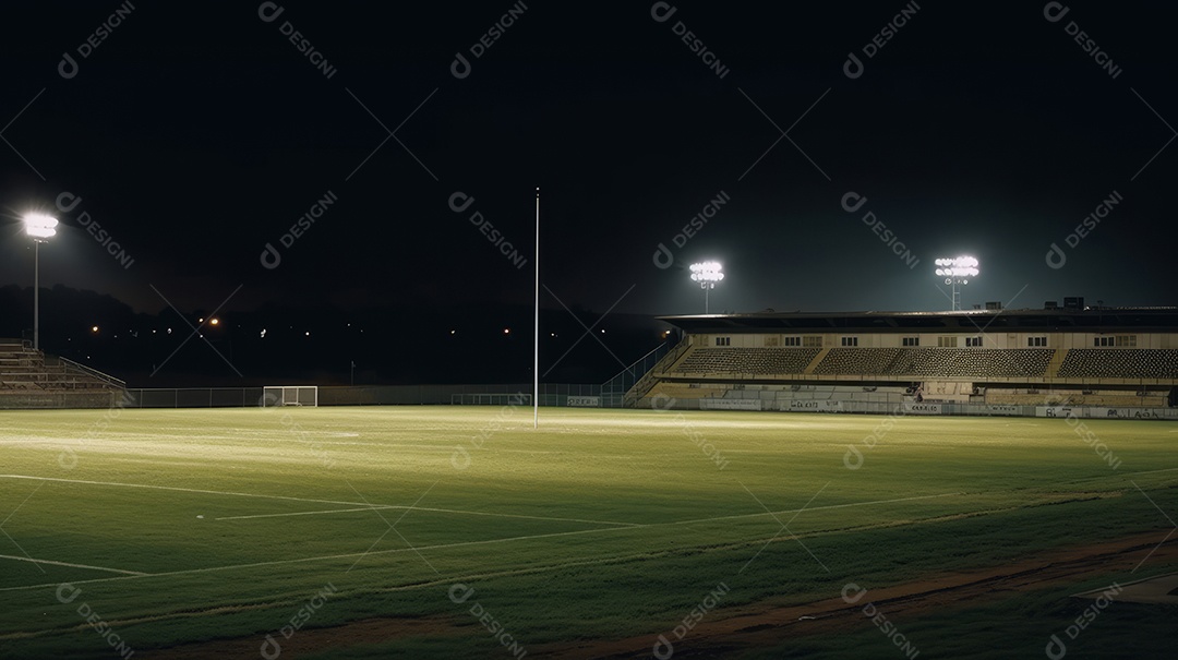 Estádio de grama universal iluminado por holofotes e playground de grama verde.