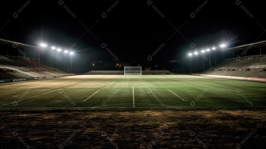 Estádio de grama universal iluminado por holofotes e playground de grama verde.