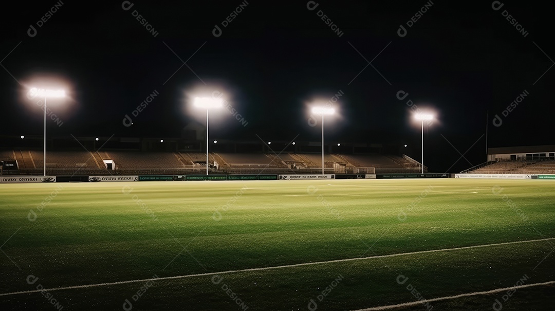 Estádio de grama universal iluminado por holofotes e playground de grama verde.