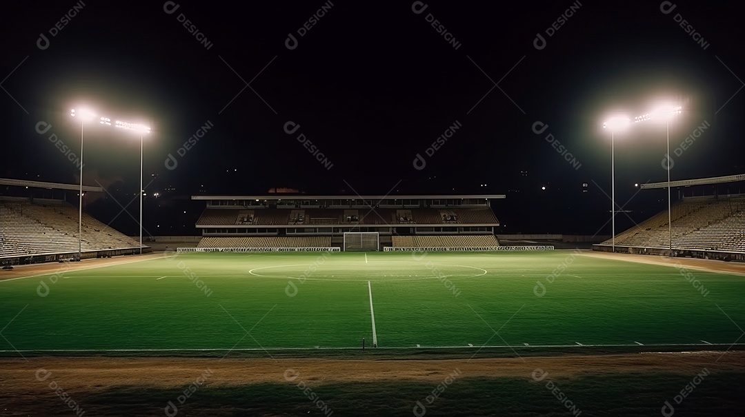 Estádio de grama universal iluminado por holofotes e playground de grama verde.