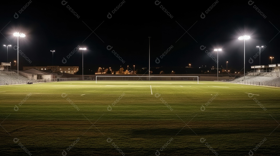Estádio de grama universal iluminado por holofotes e playground de grama verde.
