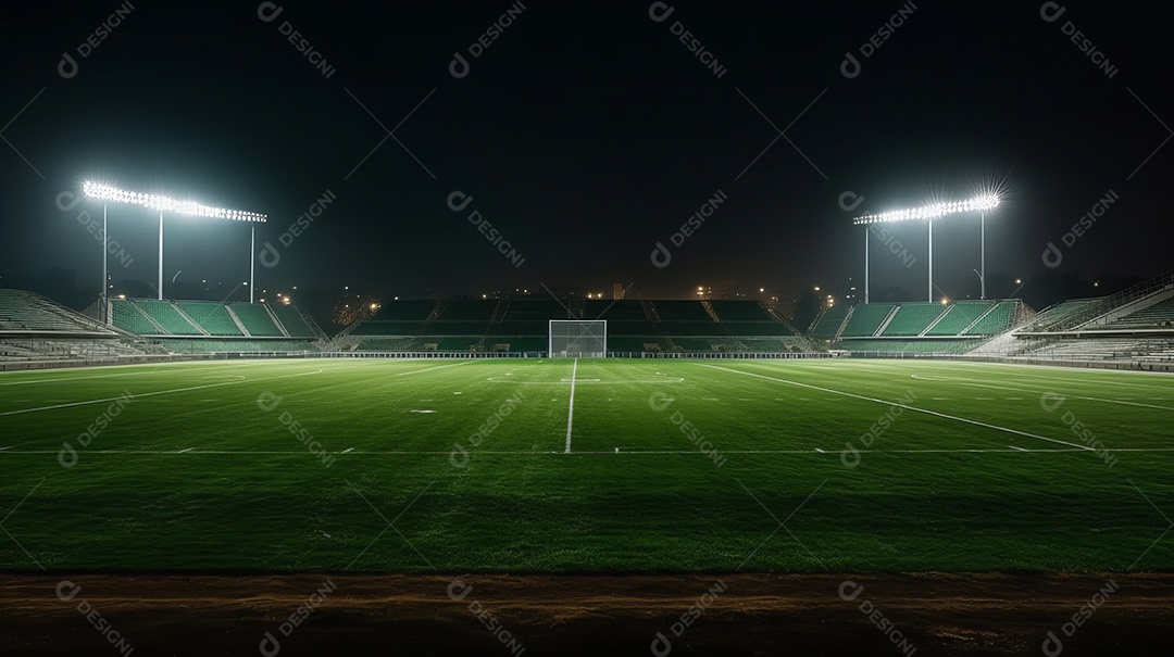 Estádio de grama universal iluminado por holofotes e playground de grama verde.