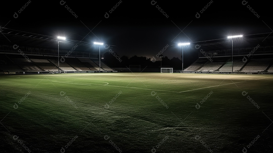Estádio de grama universal iluminado por holofotes e playground de grama verde.