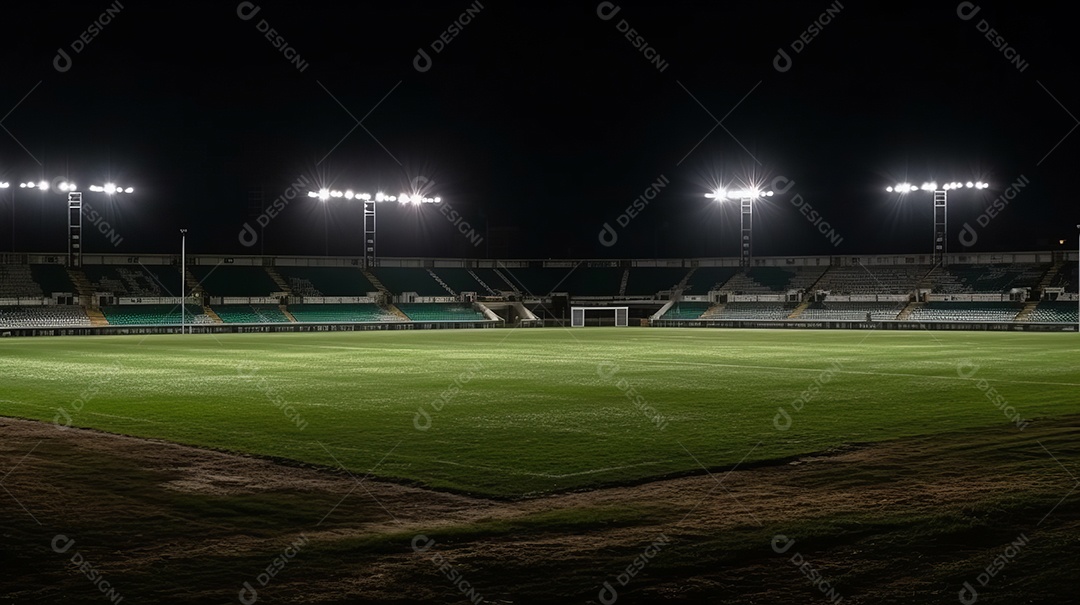 Estádio de grama universal iluminado por holofotes e playground de grama verde.