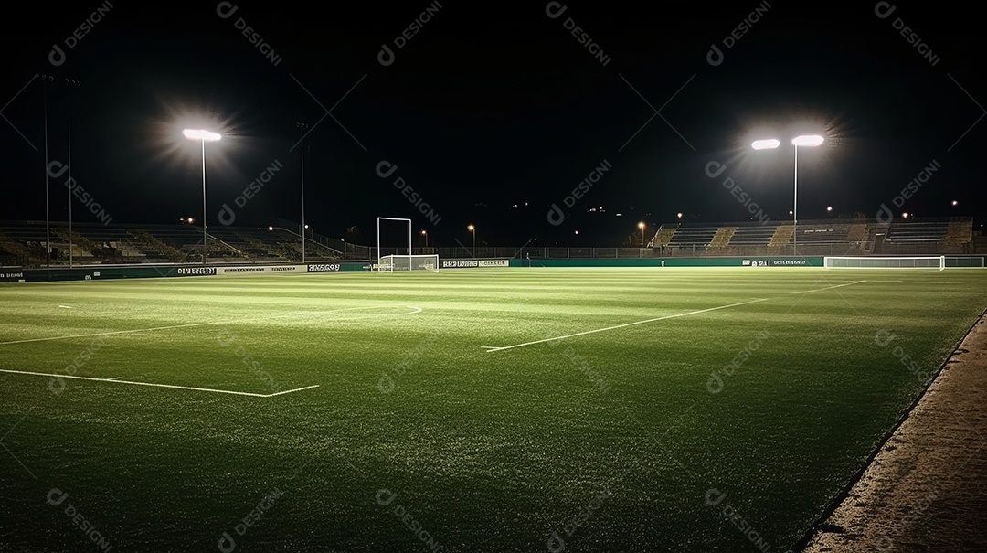 Estádio de grama universal iluminado por holofotes e playground de grama verde.