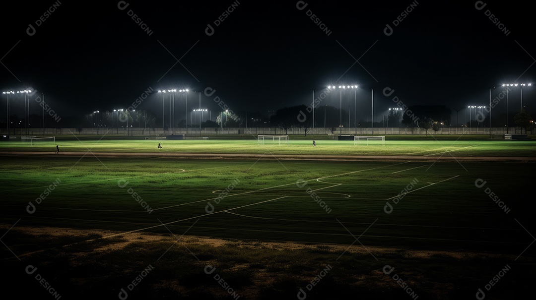 Estádio de grama universal iluminado por holofotes e playground de grama verde.