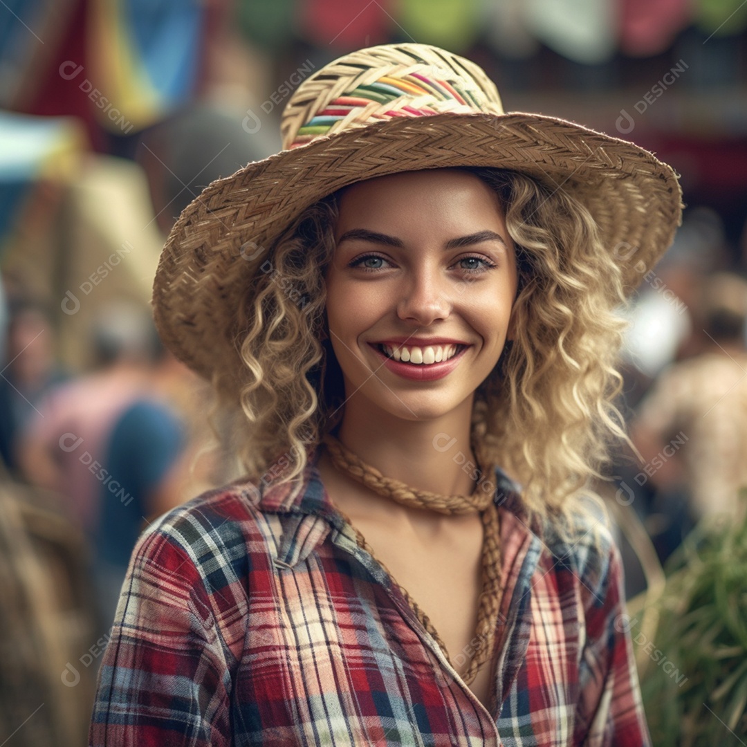 Linda mulher loira sorridente com traje de festa junina