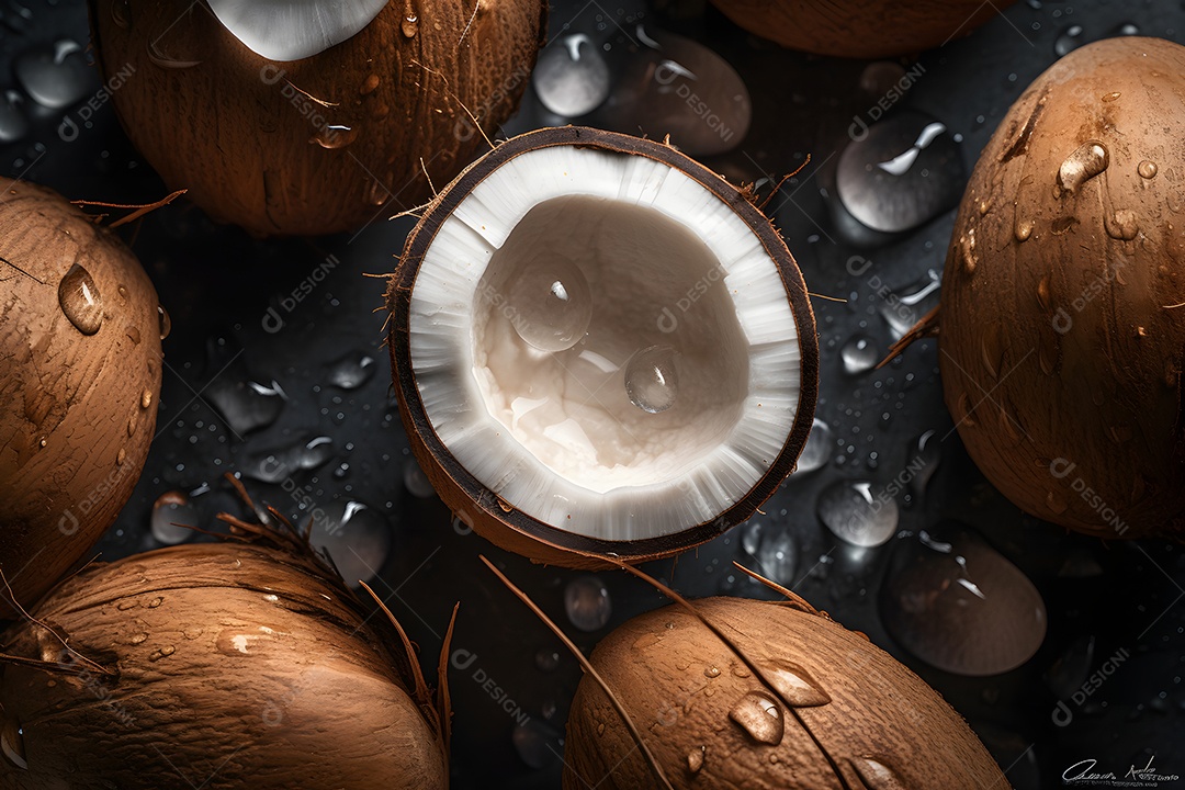 Coco partido ao meio saboroso sobre fundo isolado