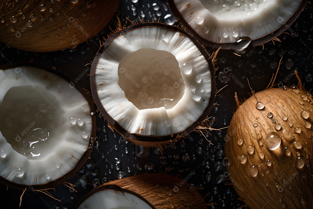Coco partido ao meio saboroso sobre fundo isolado