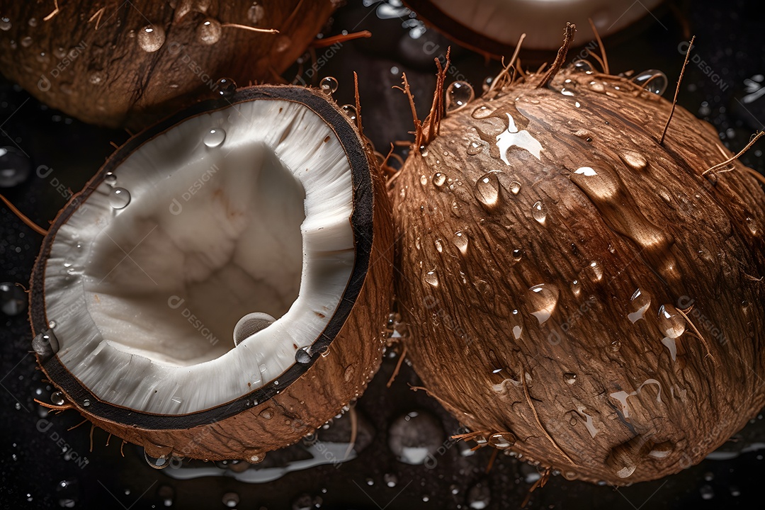 Coco partido ao meio saboroso sobre fundo isolado