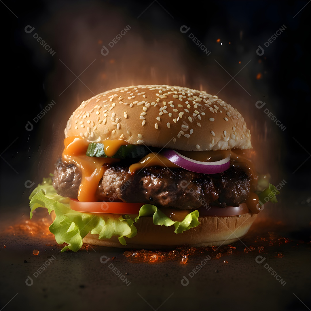 Delicioso hambúrguer com fumaça em fundo preto.