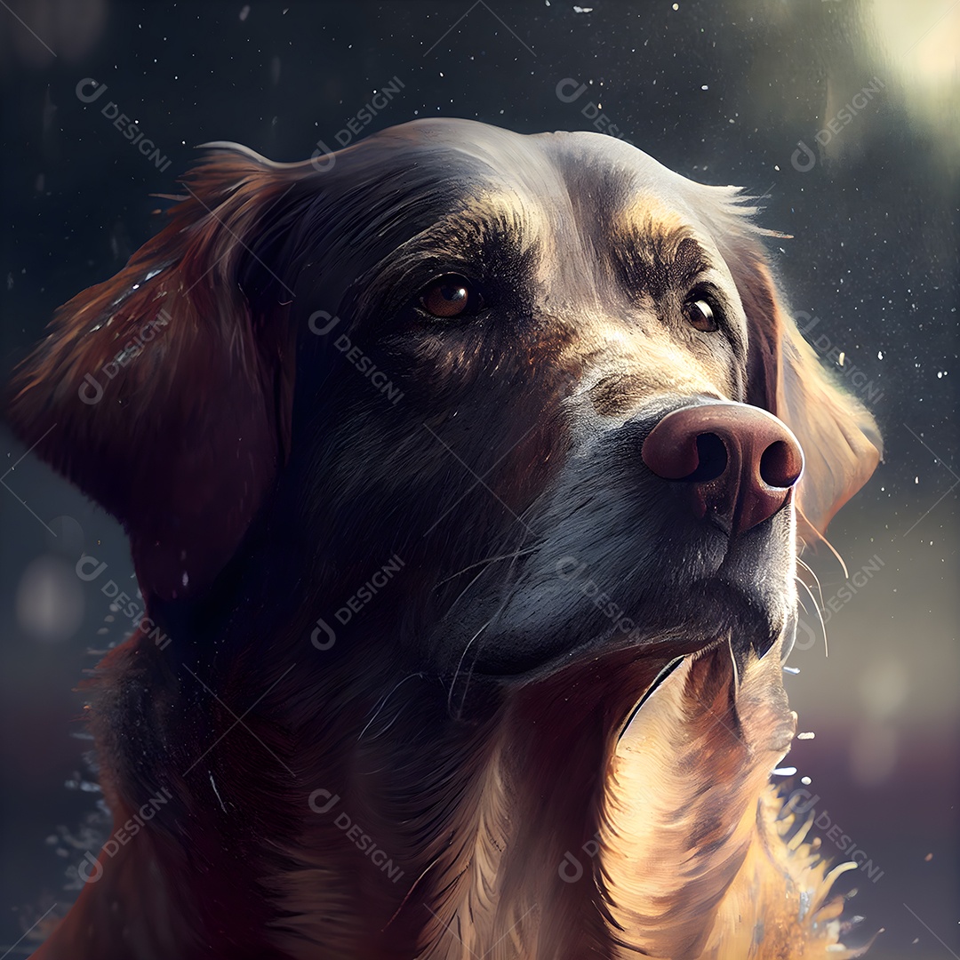 Retrato de um cachorro em pintura digital sobre fundo preto