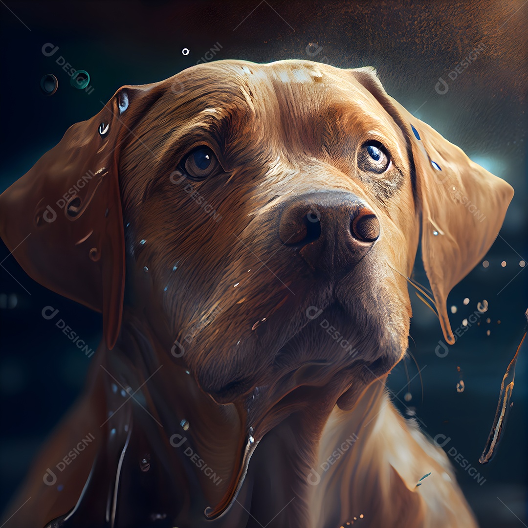Retrato de um cachorro em pintura digital sobre fundo preto