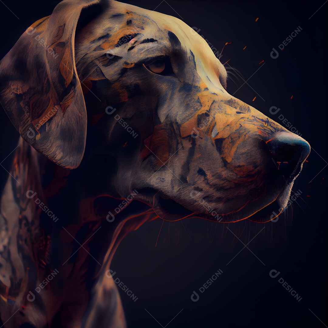 Retrato de um cachorro em pintura digital sobre fundo preto