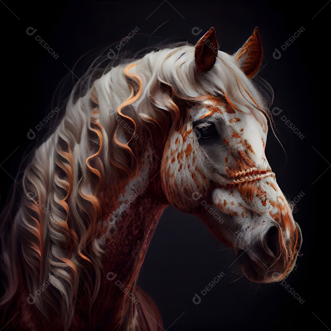 Cavalo branco com crina preta e crina longa em renderização 3D