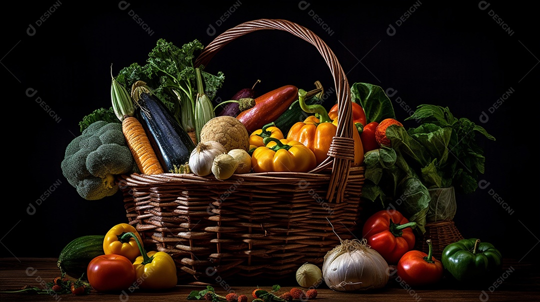 Legumes e verduras frescos sobre cesta em fundo isolado