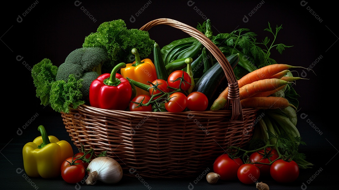 Legumes e verduras frescos sobre cesta em fundo isolado