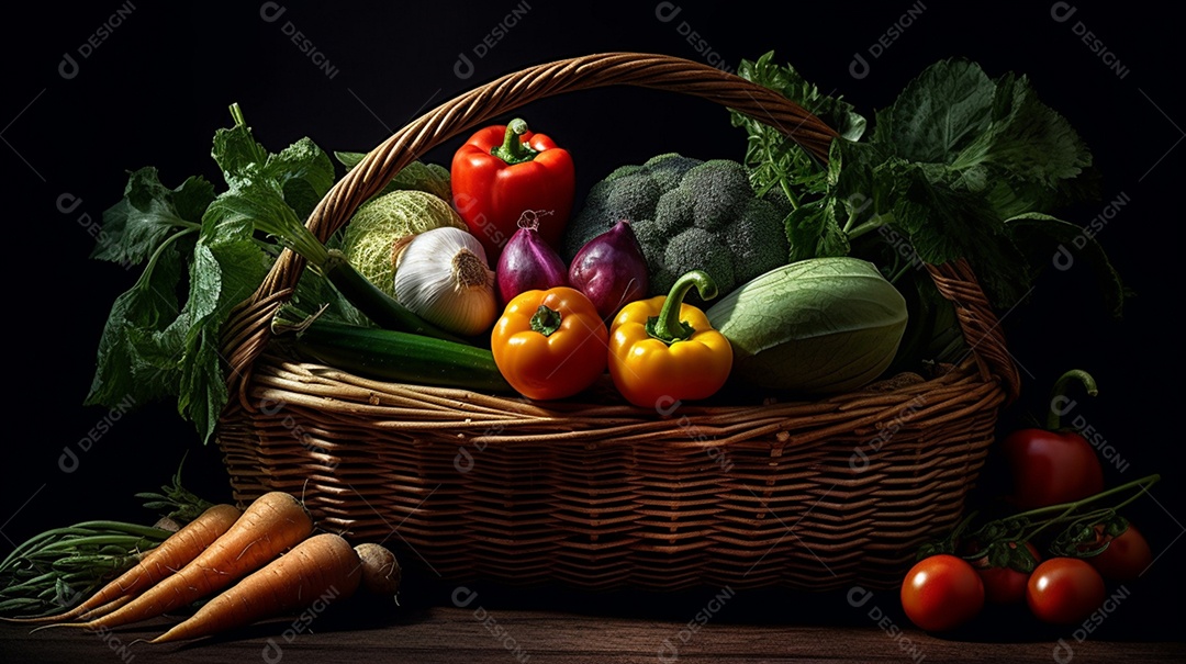 Legumes e verduras frescos sobre cesta em fundo isolado
