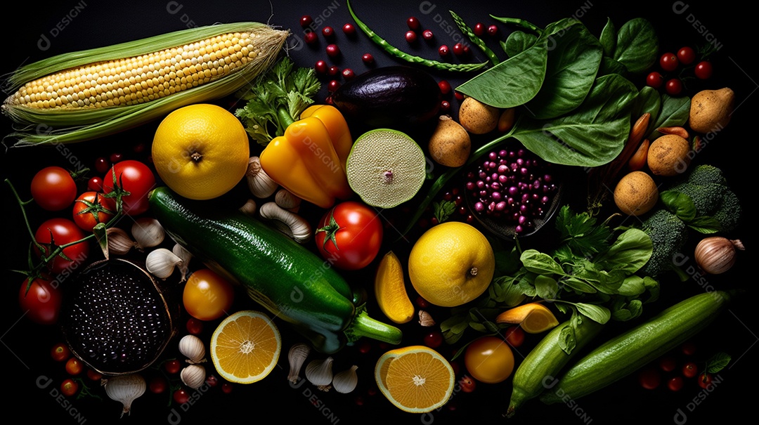 Frutas e legumes frescos sobre cesta em fundo isolado