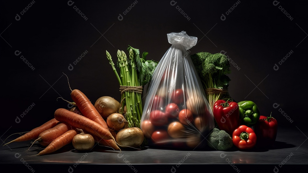 Sacolas com verduras e legumes frescos em fundo isolado