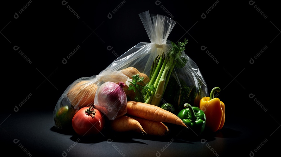 Sacolas com verduras e legumes frescos em fundo isolado