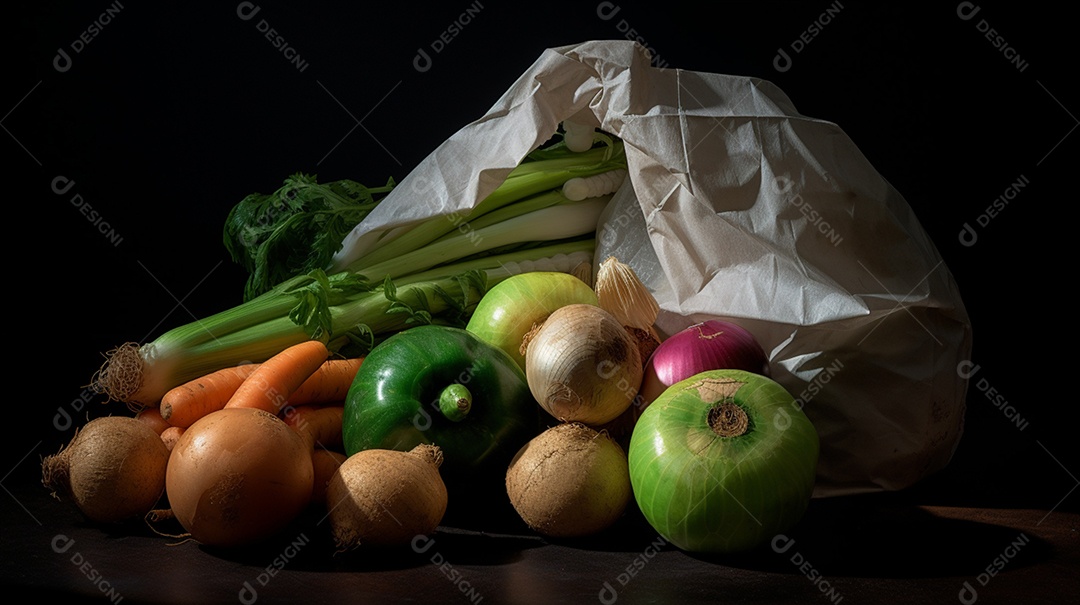 Sacola com verduras e legumes frescos em fundo isolado