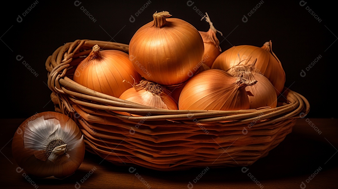 Cesta com cebolas em fundo isolado