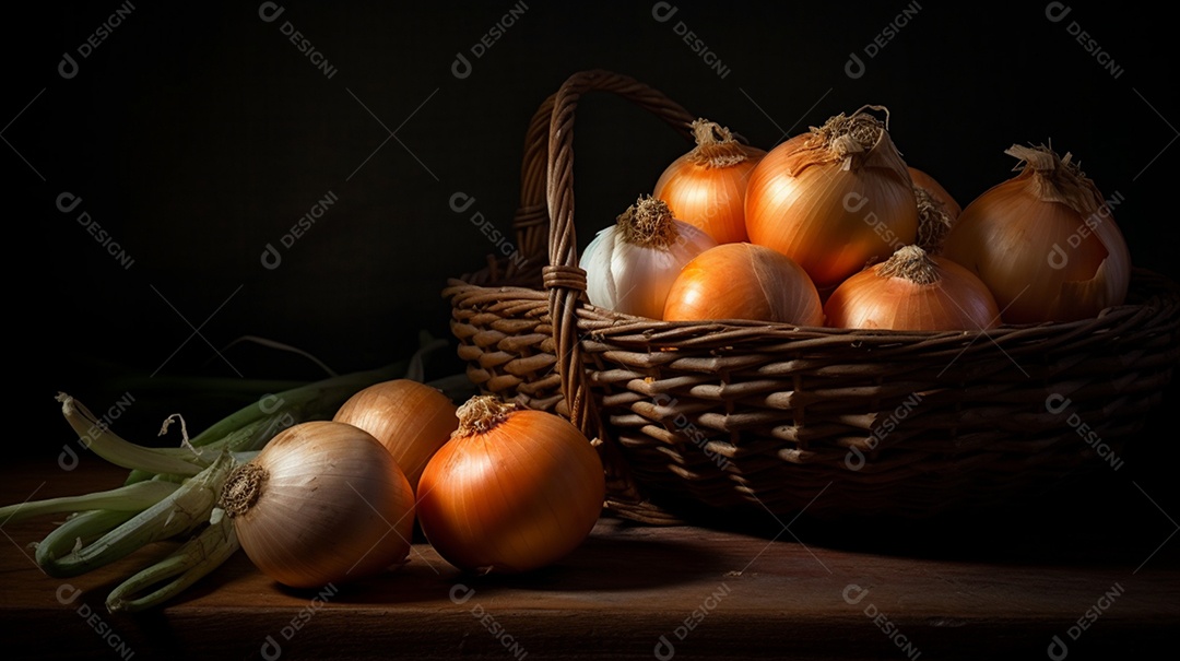 Cesta com cebolas madura em fundo isolado