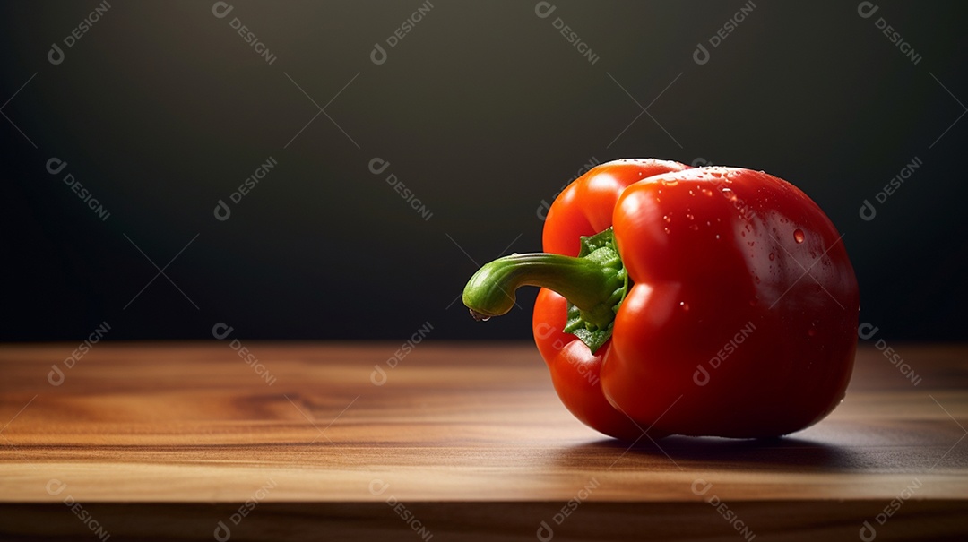 Pimentão vermelho maduro sobre mesa de madeira