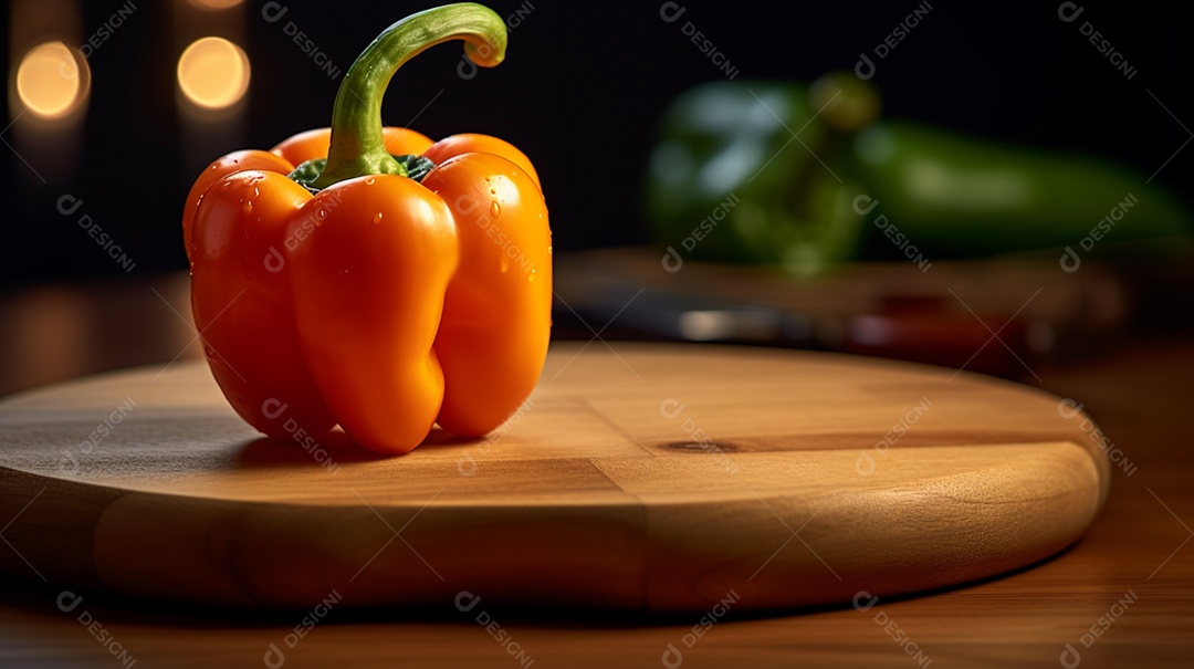 Pimentão amarelo maduro sobre tábua de madeira