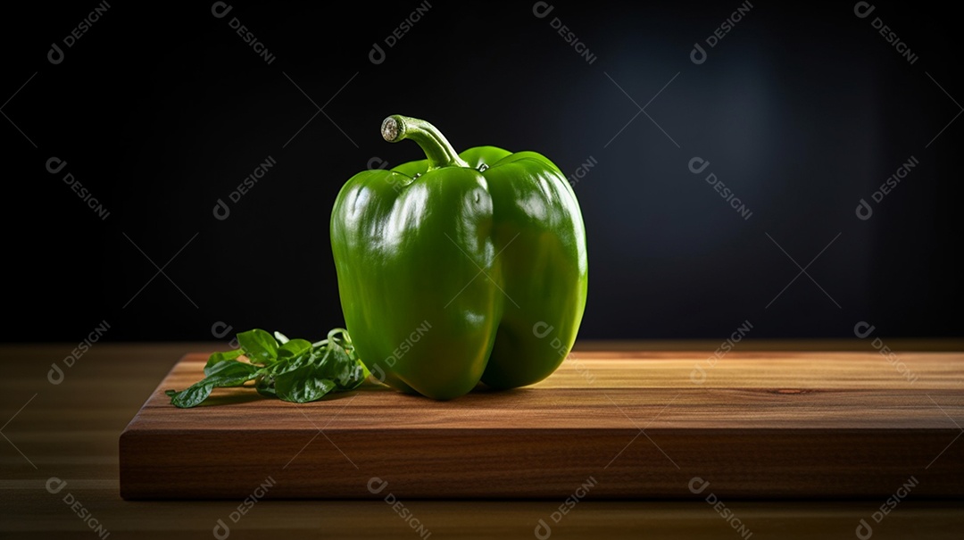 Pimentão verde maduro sobre tábua de madeira