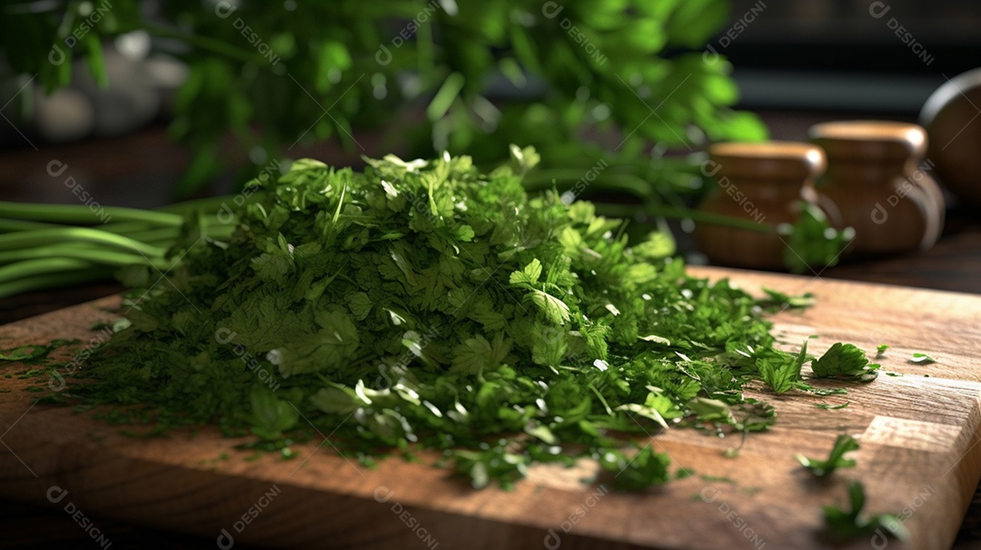 Cheiro verde picados em tábua de madeira